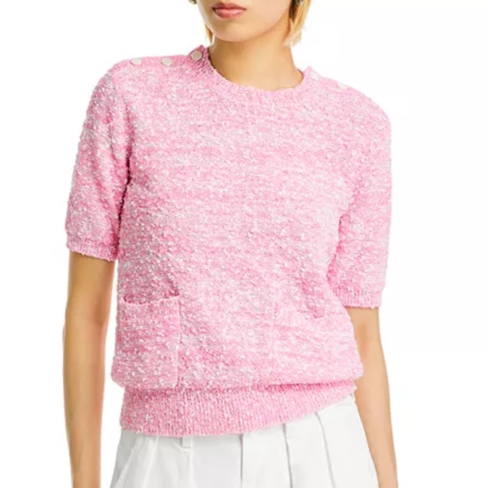 Frame Boucle Knit Pink Short Sleeve Sweater Light Academia Preppy Grandma Barbie